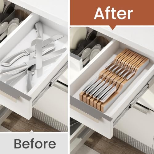 In-Drawer Knife Block Organizer - Bamboo Wood Drawer Knife Organizer-Protecting Knife Organizer Block (Not Included) (White, 13 Knives Dock)