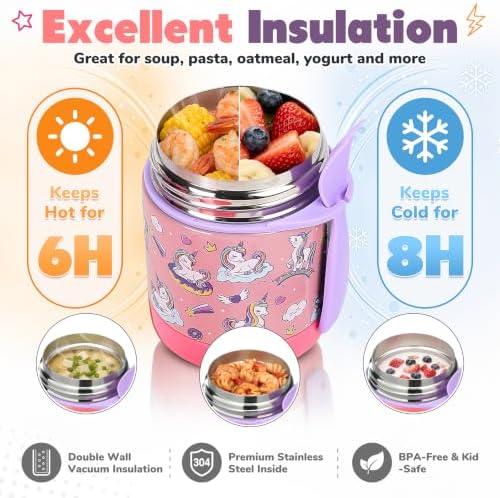 10oz Soup Thermo for Hot Food Kids,Lunch Thermo Kids Food Jar with Spoon Hot Insulated Food Containers,Leak Proof Stainless Steel Wide Mouth Lunch Thermo Jar for School(Pink-Unique Horse)