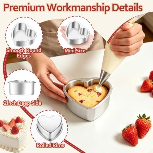 TeamFar 3 PCS Heart Cake Pan, 4 Inch Stainless Steel Heart Shaped Cake Pans