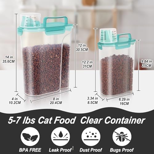 LEAWALK 2Pack Cat Dog Food Storage Container with Upgraded Large Nozzle BPA-free, 3+5lbs Plastic Pet Food Containers with 4 Sealed Clasps/1 Measuring Cup/ Handle Easy to Clean and Carry (Clear Blue)