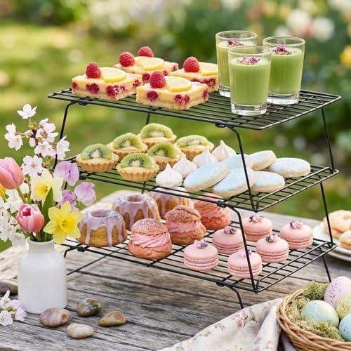 ShellKingdom Cooling Racks, Stainless Steel Non-Stick Baking Racks And Oven Safe Wire Cool Racks for Cookies, Cakes and Baking,3-Tier,Foldable
