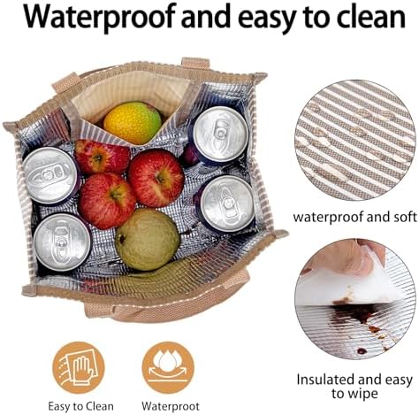 Insulated Lunch Bag for Work, 10.2"x5.9"x10.2" Oxford Waterproof Lunch Tote, Thermal Lunch Box for Office, Picnic & Outdoor, Gold and White Striped Canvas Tote Bag