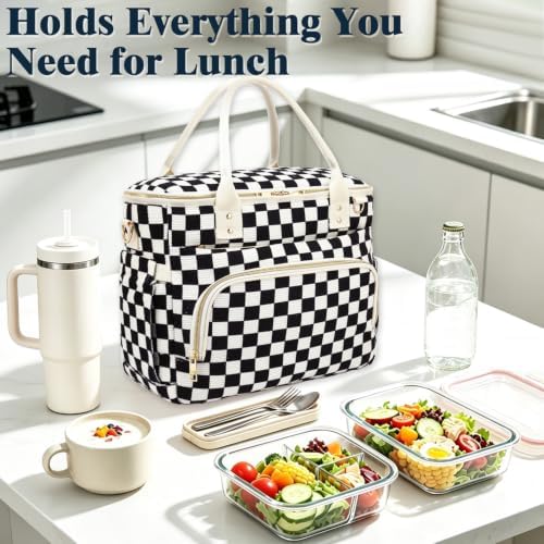 GYEUKHAM Insulated Lunch Bag for Women Men,Extra Large Lunch Box, Leakproof Reusable Cooler Tote for Adult, Everyday Soft Lunch Tote Bag for Work College Picnic Travel,C-Black Checkered