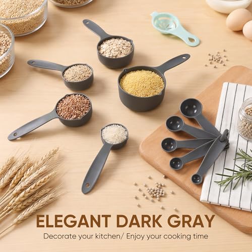 Measuring Cups and Spoons Set of 10 pcs, Nesting Measuring Set with Spout for Dry and Liquid Ingredient (Gray)