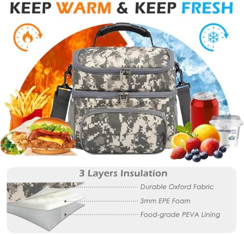 FlowFly Double Layer Cooler Insulated Lunch Bag Adult Lunch Box Large Tote Bag for Men, Women, With Adjustable Strap,Front Pocket and Dual Large Mesh Side Pockets