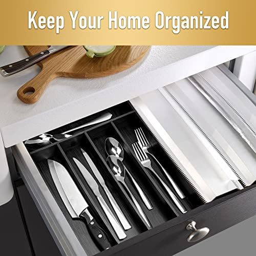 Besilord Bamboo Silverware Holder - Drawer Organizer with 5 Slots (Black)