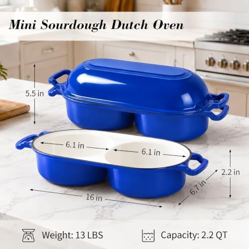 Double Dutch Oven for Sourdough Bread Baking, Enameled Cast Iron Bread Pot with Lid, Double Round Loaf Space, 500F Oven Safe, Non Stick Mini Loaf Pans for Homemade Cake Meatloaf