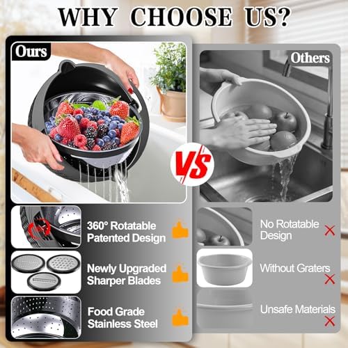 4-1 Colander with Bowl Set - Colander for Kitchen - Rotatable Strainers and Colanders(Patented) - Pasta Strainer - Bowl With Colander & New Upgraded Graters for Fruit Veggie, Kitchen Essentials, Black