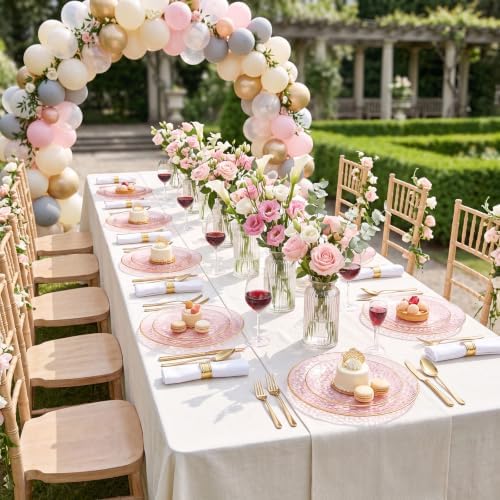 Rubtlamp 60Pcs Pink Plastic Plates,Clear Pink Plates With Gold Rim,Hammered Gold Plates Include 30Pink Plastic Dessert Platos, 30Gold Dinner Platos For Party
