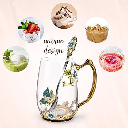 OEAGO Birthday Gifts for Women Mom Glass Coffee Enamels Mug Best Mothers Day Butterfly Gifts for Her from Daughter Son Lead-Free Christmas Tea Cup with Spoon Sets