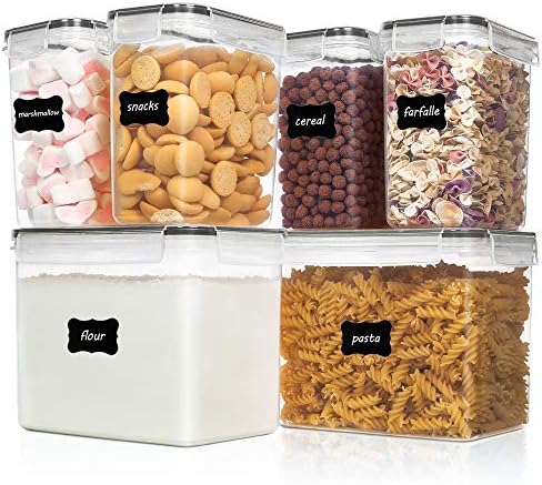 Vtopmart Airtight Food Storage Containers 6 Pieces - Plastic BPA Free Kitchen Pantry Storage Containers for Sugar,Flour and Baking Supplies - Dishwasher Safe - Include 24 Labels, Black
