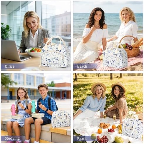 TESAFNG Lunch Bag - Insulated Lunch Box for Women, Reusable Large Capacity Cooler Bag for Adult, Small Leakproof Cute Corduroy Lunch Tote for Work Office Travel Picnic (Blue Flower)