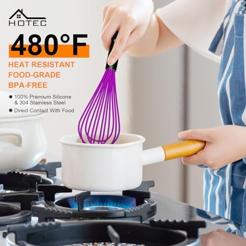 HOTEC 4 Pieces Silicone Whisks Set, Wire Balloon Whisks for cooking Egg Beater, Non-slip Handle Whisk for Non-stick Cookware Perfect for Cooking, Stirring, Beating and Blending,Purple