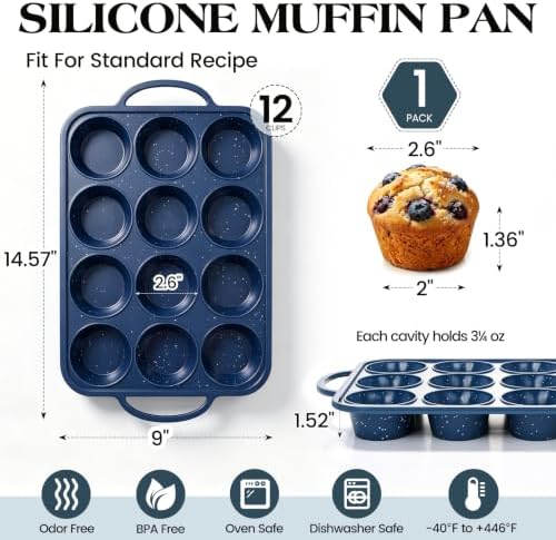 Vinino 12 Cup Silicone Muffin Pan with Stainless Steel Frame - Blue