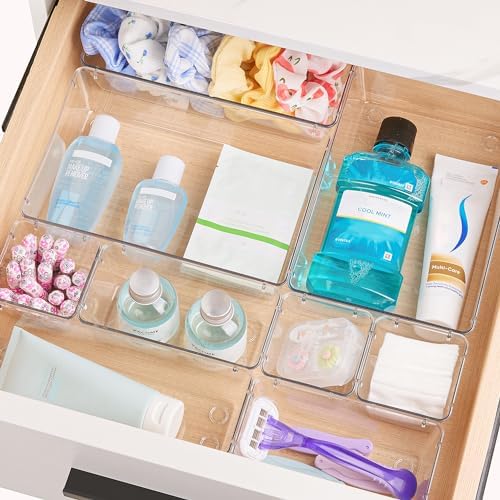 Vtopmart 72 PCS Clear Plastic Drawer Organizers Set, 4-Size Versatile Bathroom and Vanity Organizer Trays, Non-Slip Storage Containers for Makeup, Jewelries, Bedroom，Kitchen Utensils and Office