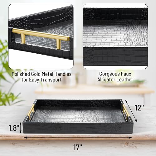 ATZYmolin 17"x12" Leather Serving Tray, Gold Handle Vanity Platter, Black