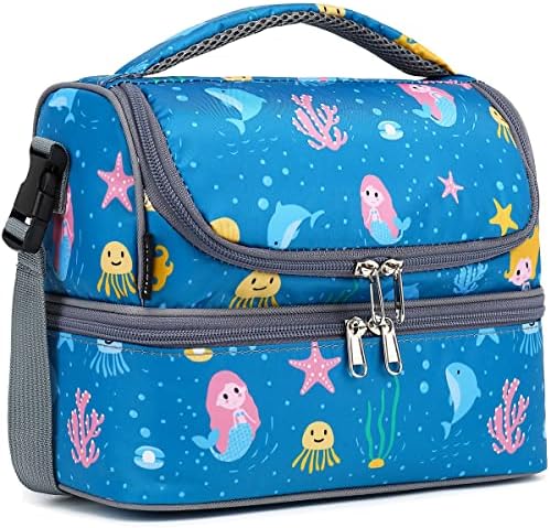 FlowFly Double Decker Cooler Insulated Lunch Bag Large Tote for Boys, Girls, Men, Women, With Adjustable Strap (Blue-Mermaid)