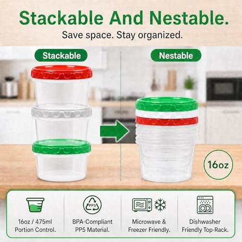 EONJOE 16oz Plastic Freezer Food Soup Containers with Lids, 2 Cup, 12pcs