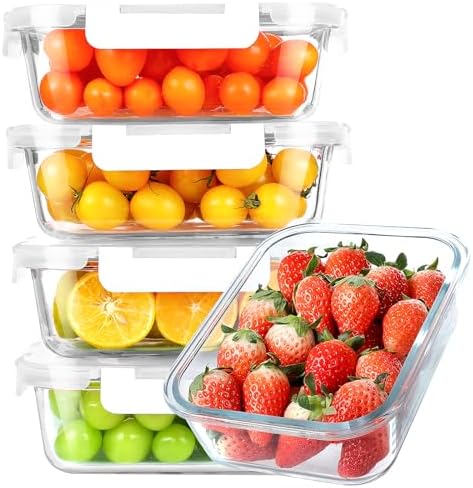 KOMUEE 30 oz 5 Pack Glass Meal Prep Containers with Lids, White