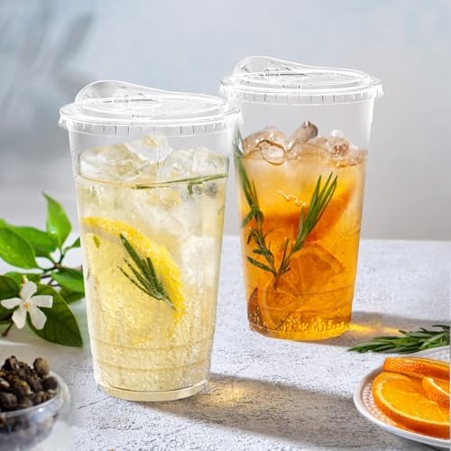 Dealusy 100 Pack - 24 oz Clear Plastic Cups with Sip Lids