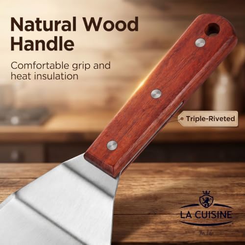 La Cuisine Extra‑Wide Stainless Steel Spatula with Wooden Handle, Heavy‑Duty 5x6" Burger Turner for BBQ, Flat Top Griddle, Blackstone Grill & Smash Burgers