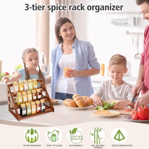 Spice Rack - Tiered Spice Rack Organization for Cabinet - 3 Tier Bamboo Display Spice Shelf for Countertop