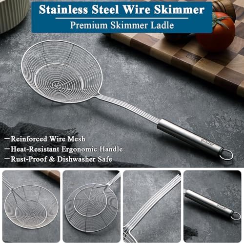 Berglander Spider Strainer Skimmer Ladle 2 Pieces, Stainless Steel Kitchen Skimmer Slotted Spoons for for Straining Pasta/Cooking/Frying, Kitchen Utensils Wire Strainer Pasta Spoon