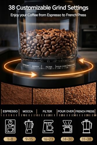 Conical Coffee Bean Grinder, 38 Precise Settings, Anti-Static