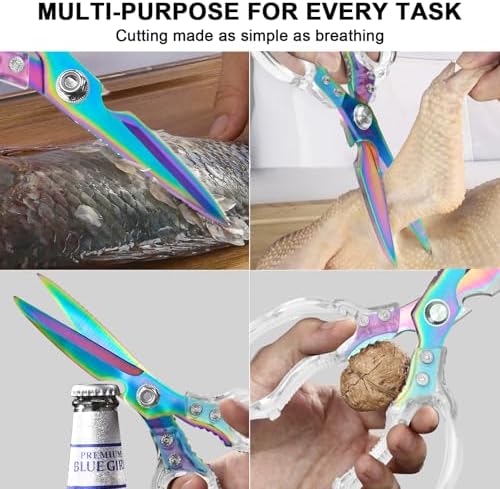 CGBE Kitchen Scissors, Multi-Purpose Kitchen Shears, Heavy Duty Food Scissors for Chicken, Poultry, Fish, Meat & Herbs with Non-Slip Grips (Transparent Colorful)
