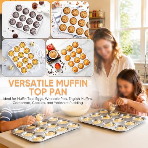 TeamFar Muffin Top Pan, 2 PCS 12 Cavity Stainless Steel Shallow Cupcake Pan