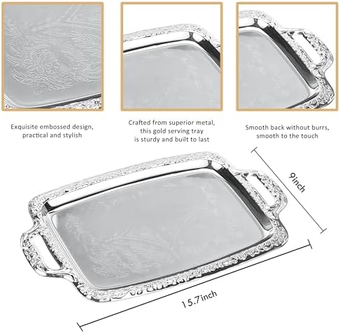 4-Pack Large Rectangle Silver Serving Trays, 15.4" x 9.3" Stainless Steel Mirror Finish Platters for Party, Wedding, Buffet, Dessert, Appetizer and Catering Display