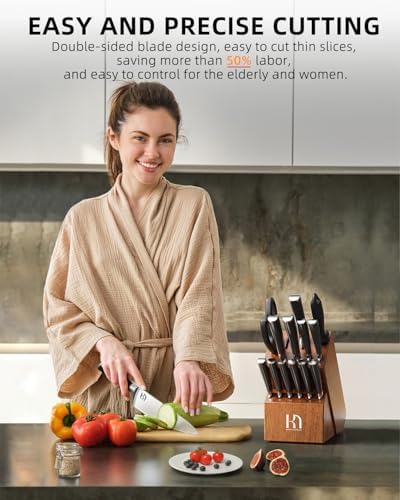 KnifeSaga Knife Set, 15 Pcs Kitchen Knife Block Set, Enduring Razor-Sharp High Carbon Stainless Steel Chef Knife Set with Block and Sharpener, Premium Knives Set for Kitchen, Ash Wood Valentine's Gift