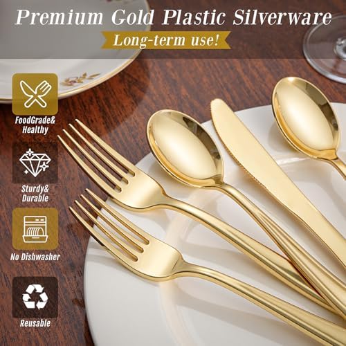 WDF300 Pieces Gold Plastic Silverware - Heavy Duty Disposable Cutlery Set Plastic Gold Silverware Set Includes 100 Forks, 100 Spoons, 100 Knives for Party/Baby Shower/Wedding/Birthday