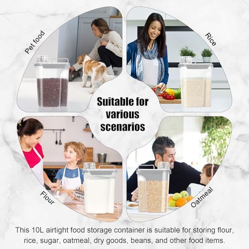LEAWALK 10-13 Lbs Upgrade Capacity Dog Cat Food Storage Container, Pet Dog Treat Container, Airtight, Clear Bucket Body, With 2-Cup Scoop, Handle, Large Nozzle, 4-Safety Buckles, Easy to Clean, Gray