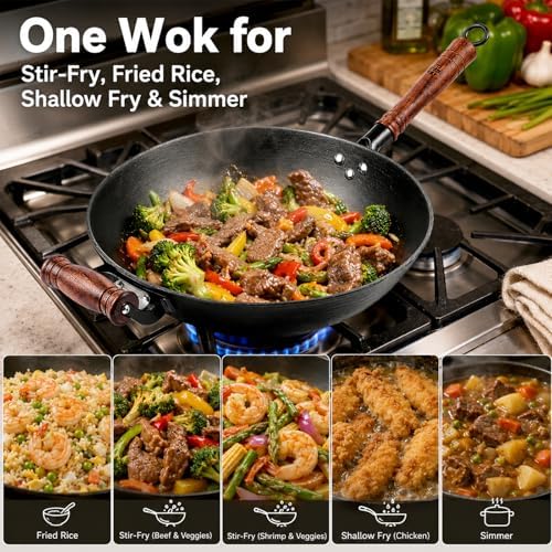 WANGYUANJI 12.6 Inch Cast Iron Wok with Wooden Lid, Handcrafted Flat Bottom Chinese Stir Fry Pan, Uncoated Heavy-Duty Iron Wok for Induction, Gas, Electric & Ceramic Stoves