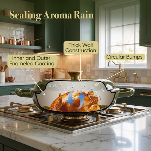 3 Quart Enameled Cast Iron Braiser, Non Stick Enameled Cast Iron Skillet with Lid, Dutch Oven Skillet with lid up to 500°F for Oven, Stove, Grill, Shallow Dutch Oven for Cook, Bake (Golden Green)
