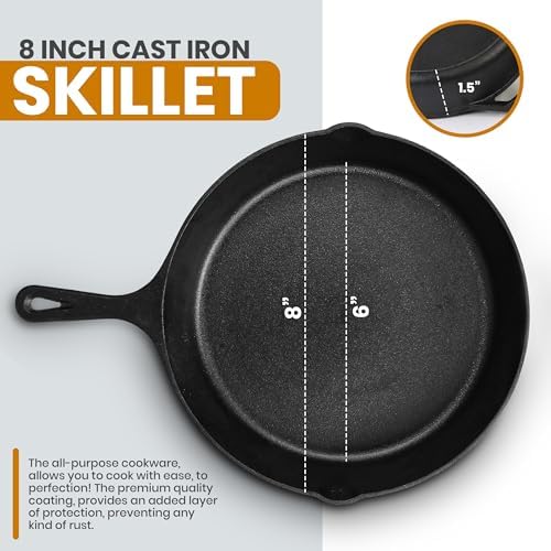 Utopia Kitchen Cast Iron Skillet 8 Inch with Lid Chefs Frying Pan Black