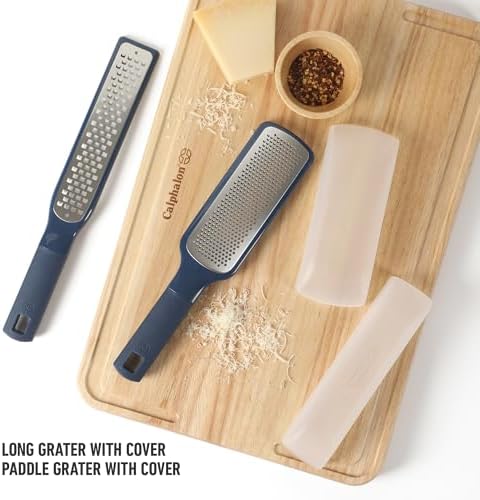 Calphalon Prime Grater and Zester, 2-Piece Stainless Steel Cheese Grater & Lemon Zester Set, Kitchen Graters with Non-Slip Rubber Handles & Protective Covers for Cheese & Vegetables, Navy Blue