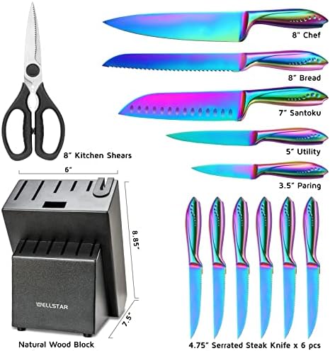 WELLSTAR Rainbow Knife Set 14 Pieces, Iridescent German Stainless Steel Kitchen Knives Set with Wooden Block, Colorful Titanium Coating, Chef’s Knife Block Set with Scissors and Built-in Sharpener