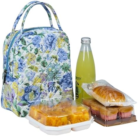Machine Washable Women Quilted Fabric Insulated Reusable Cooler Lunch Bag Tote Adult Thermal Lunch Box Storage Bag for Ｗork (Floral #2)