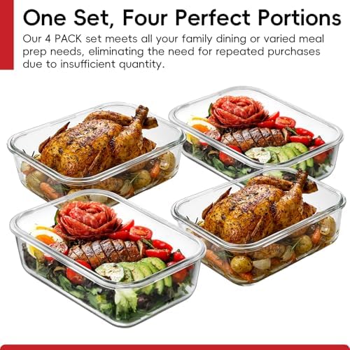 4 Pack 8 Cups/ 63oz Large Glass Storage Containers with Lids, Meal Prep Containers, Glass Food Storage with Airtight Lid for Baking, Leak Proof & Microwave, Oven Safe (4 Containers + 4 Lids)
