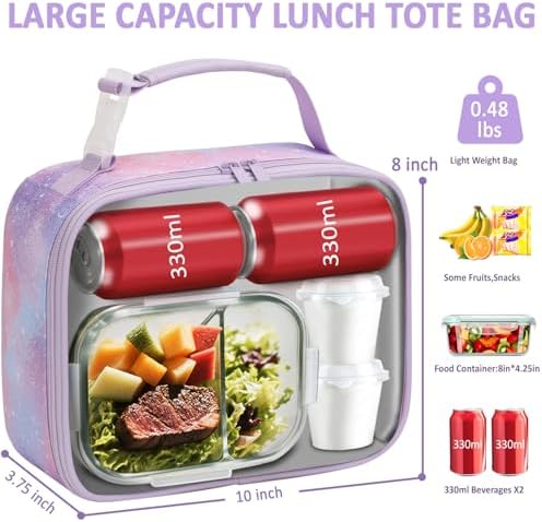 Tenot Lunch Box Kids Insulated Lunch Tote Bag Light Purple Starry Sky