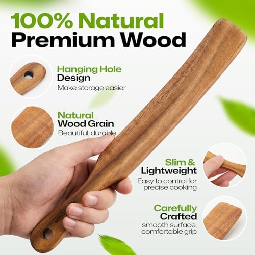 AIUHI Wooden Spurtle for Sourdough Starter, Teak Wood Spatula Turner for Kitchen, Dough Whisk for Stirring, Mixing and Scraping