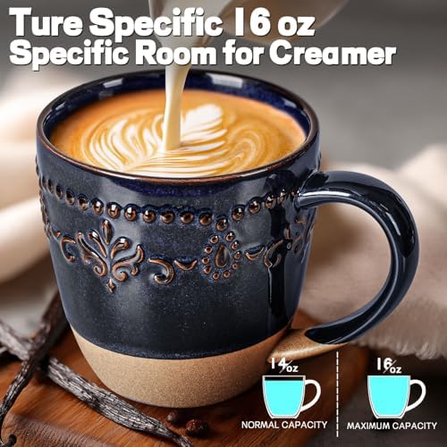 Artena Ceramic Coffee Mugs Set of 4, 16oz Embossed Large Latte Mugs Coffee Cups with Handle for Tea, Latte, Cappuccino & Cocoa, Milk Dishwasher & Microwave Safe, Blue (Damask Floral)