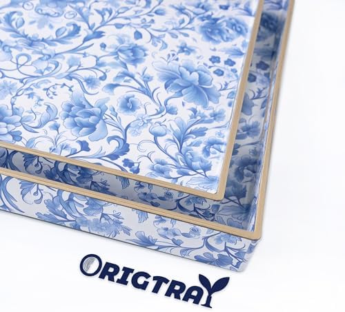 Serving Tray with Handles, 2 Pack Rectangular Plastic Tray 15.75x11.81 Inch, Blue and White Peony Chinese Porcelain Style Decorative Tray for Kitchen, Dining Table, Vanity, Office & Home