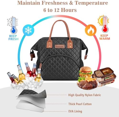 LOKASS Insulated Lunch Bag for Women & Men - Reusable 10 L Lunch Box for Women - Leakproof Tote Cooler Bag for Adults Work, Beach, Travel, Picnic (Black)