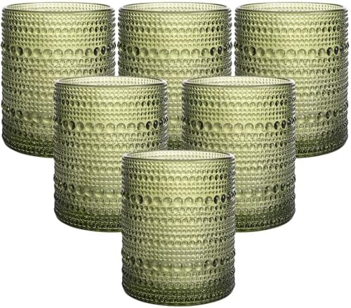 Moretoes 10oz Green Hobnail Drinking Glasses Set of 6 Cocktail Glasses