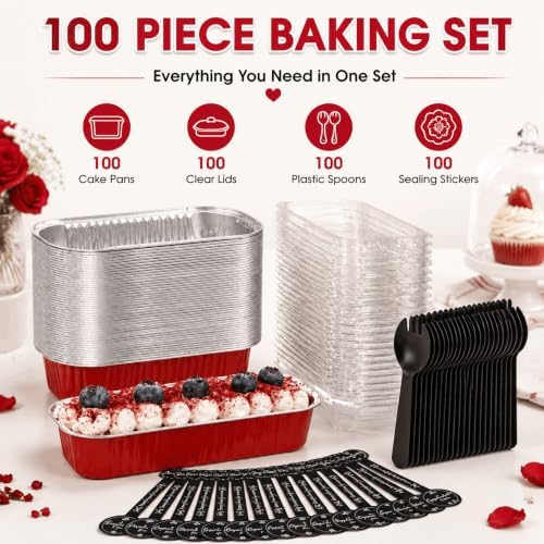 100 Pack Mini Cake Pans with Lids and Spoons, Disposable Aluminum Foil Cake Tins（6.8oz） Mini Loaf Pans with Lids for Party, Wedding, Birthday