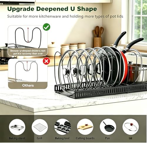 Expandable Pot and Pan Organizer for Cabinet, 14 Adjustable Dividers, Versatile Pan Holder Storage Rack, Extends from 12'' to 23'', Fits Cabinets, Countertops, or under Sink, Black, Iron