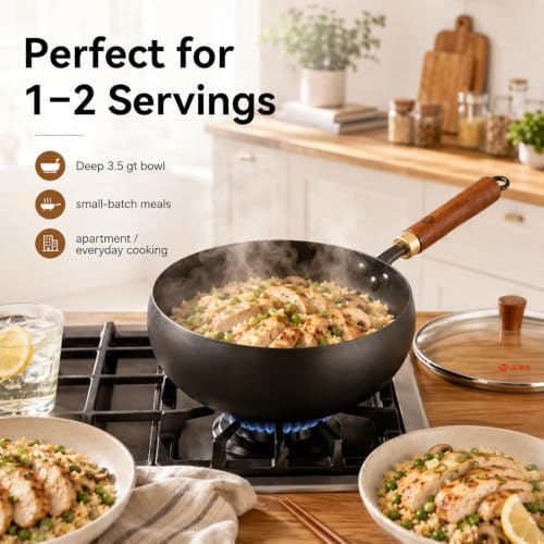 WANGYUANJI 9.5-Inch Carbon Steel Wok with Lid, Flat Bottom Stir Fry Pan